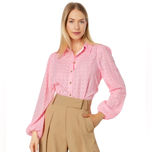 Lilly Pulitzer Tops - Lilly Pulitzer eyelet pink button down top with balloon sleeves size Small